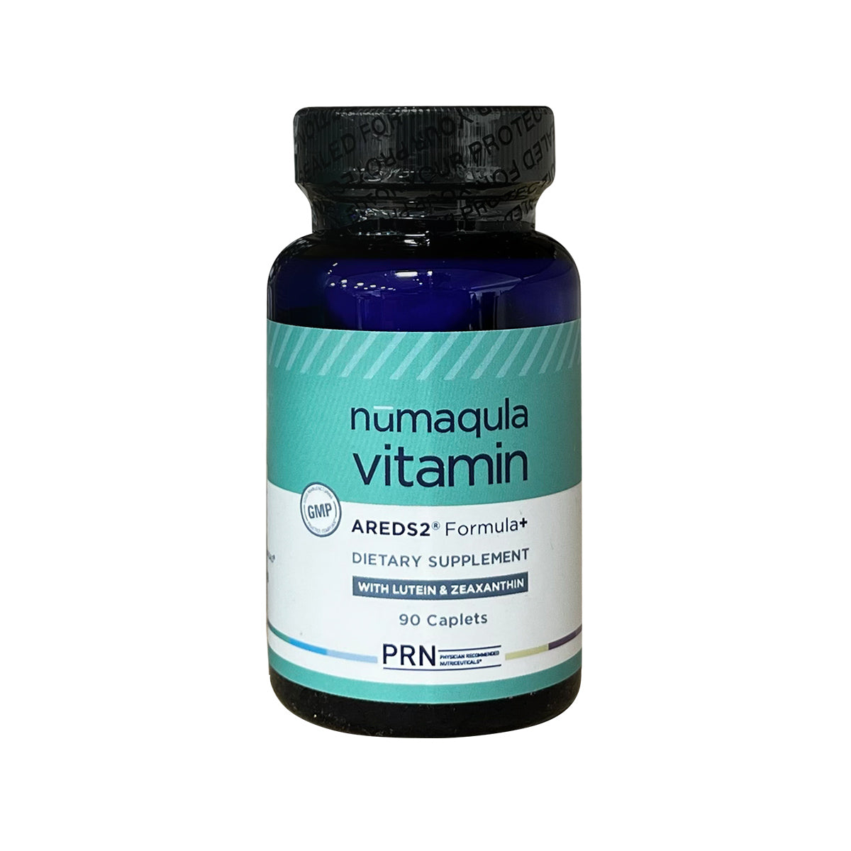 The PRN nūmaqula Vitamin for eye care features an AREDS2-based formula with enhancements. It contains 90 caplets with lutein and zeaxanthin, promoting ocular health. The PRN logo is visible, and the bottle has a blue label with a black sealed cap.