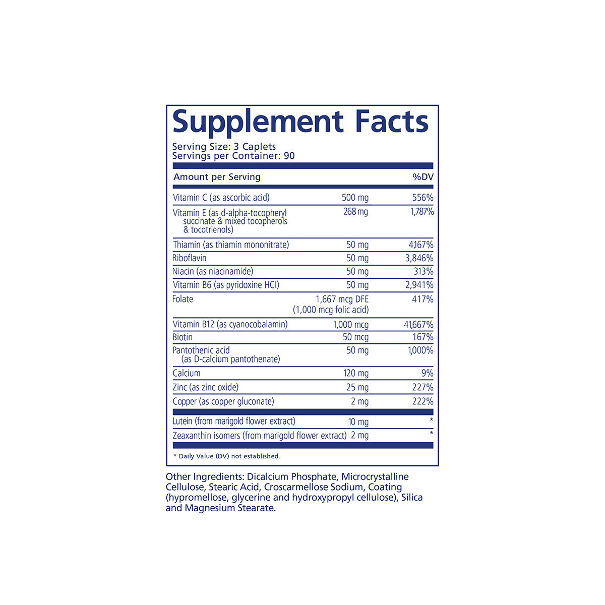 An image of the PRN nūmaqula Vitamin supplement facts label is shown on a white background, detailing serving size and vitamin/mineral amounts essential for eye health; it emphasizes its AREDS2-based formula by PRN for advanced macular support.