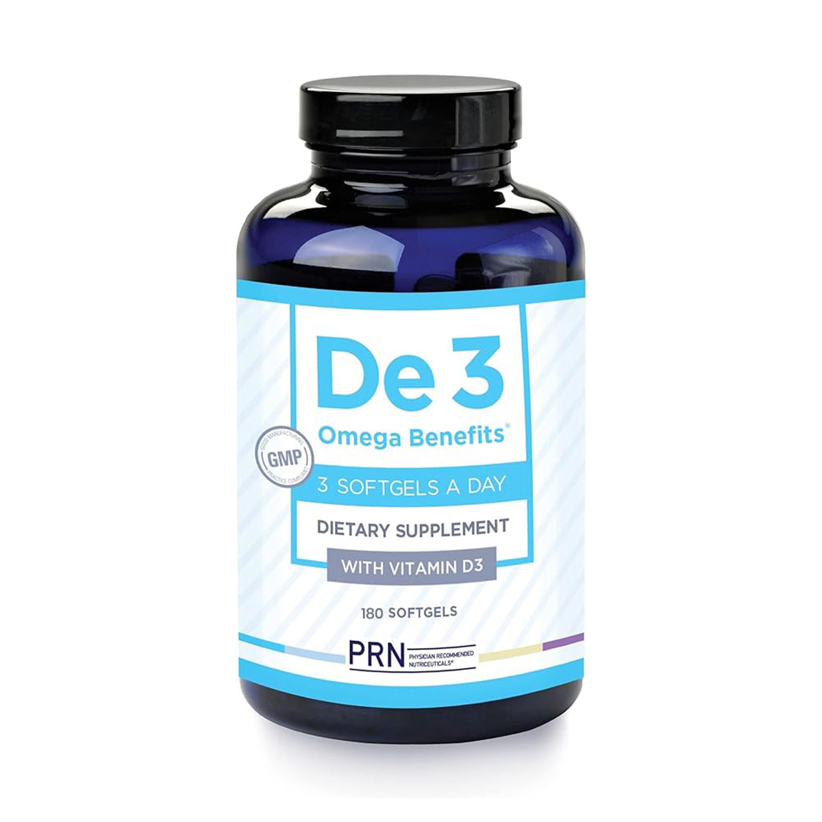 The blue PRN DE3 Dry Eye Omega Benefits® bottle, a dietary supplement with Vitamin D3, recommends three daily softgels and contains 180 in total. The GMP logo is featured on the label, ensuring comprehensive Omega Benefits for well-being from the trusted PRN brand.