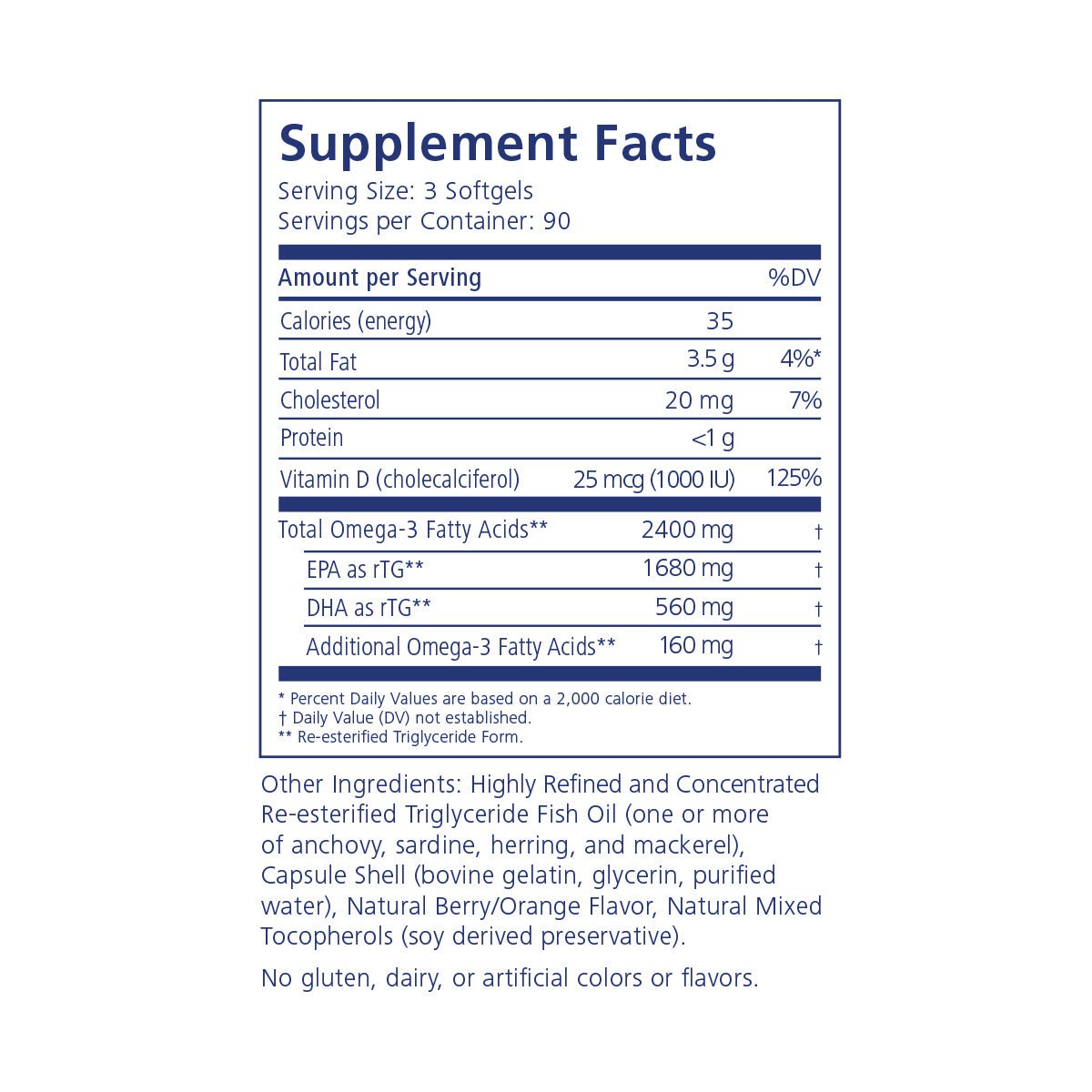 The image shows the Supplement Facts for PRN DE3 Dry Eye Omega Benefits® (90ct) 2-Pack by PRN, detailing nutrients such as calories, fats, vitamin D, EPA, DHA, and other omega-3s from fish oil. The label notes the absence of gluten, dairy, or artificial colors/flavors.