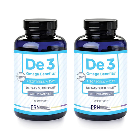 The PRN DE3 Dry Eye Omega Benefits® 90-count comes in a 2-pack, for a two-month supply. Each supplement contains omega-3s and Vitamin D3 to help relieve dry eye symptoms. Recommended dosage is three softgels daily. Packaged in dark bottles with blue and white labels by PRN - Physician Recommended Nutriceuticals.