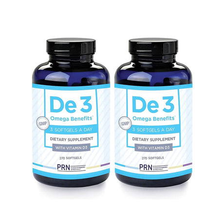 Two bottles of PRN DE3 Omega Benefits, each with 270 softgels, offer a 6-month supply. Take three daily for Vitamin D3 and Omega-3 EPA/DHA support. The blue and white design highlights Dry Eye Relief benefits, by PRN - Physician Recommended Nutriceuticals.