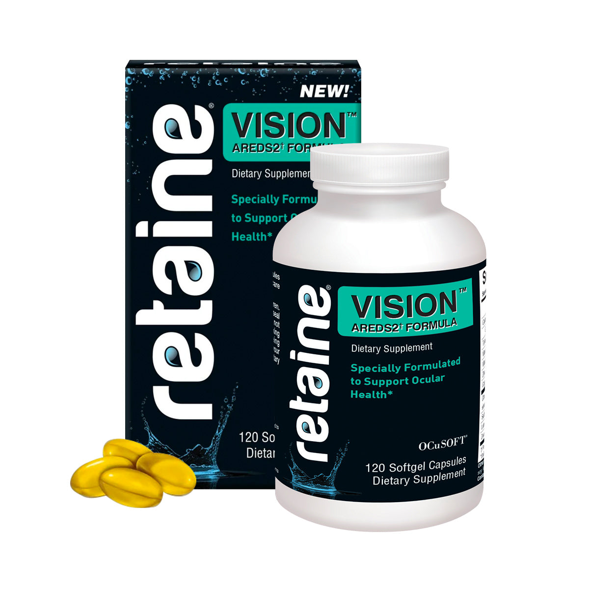 An image shows a white bottle labeled Ocusoft Retaine Vision with 120 softgels, positioned in front of a dark box. The OCuSOFT product features high-potency antioxidants supporting ocular health, and three yellow capsules illustrate its AREDS2 Formula benefits.
