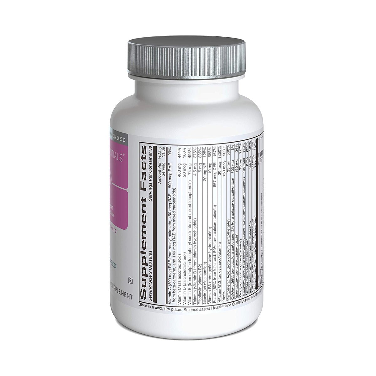 A white bottle with a silver cap labeled Ocular Essentials Whole Body Formula (30 Day Supply) by ScienceBased Health stands on a white surface. The label displays ingredients and nutritional information in black text, emphasizing antioxidants that support eye health.