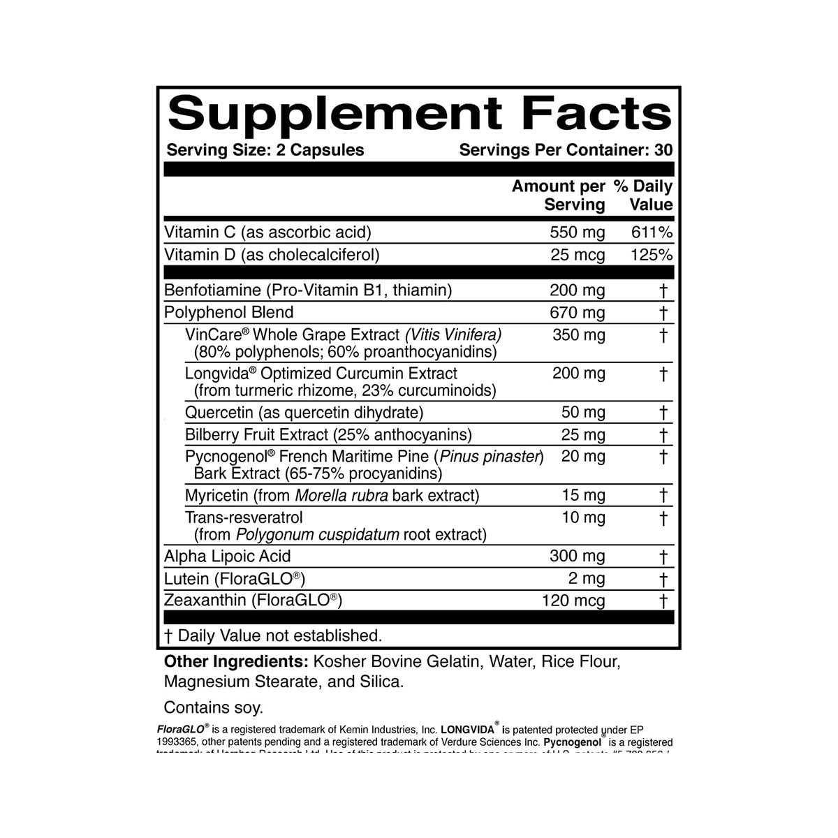 DiaVis Eye and Nerve Support by ScienceBased Health features vitamins C & D, a proprietary blend with grape extract, curcumin, pine bark, alpha lipoic acid, lutein, and zeaxanthin for retinal health. Contains soy and kosher gelatin.