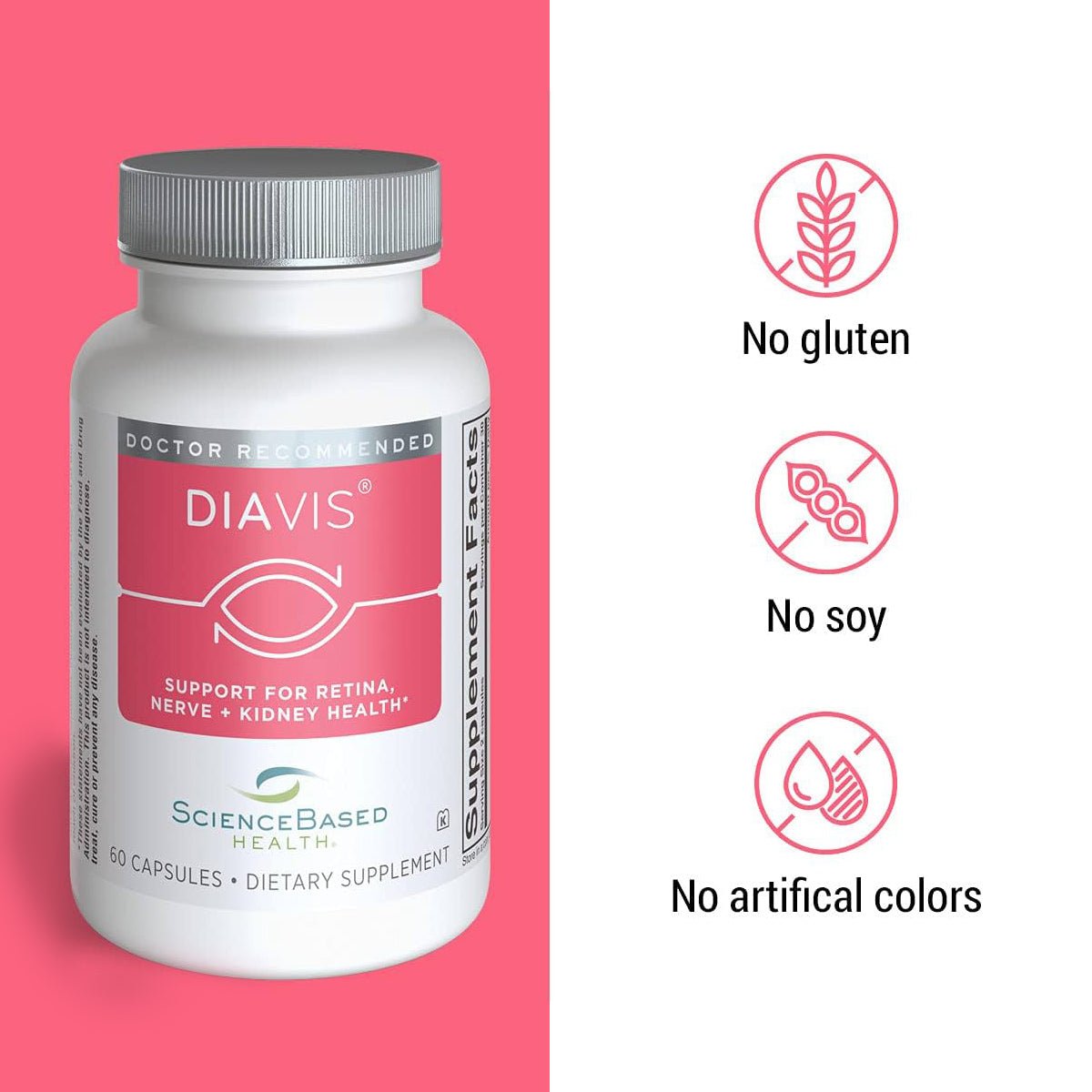 A white bottle of DiaVis Eye & Nerve Support (60 capsules) from ScienceBased Health, featuring pink labeling, is displayed on a pink background. Nearby icons indicate its benefits for retinal health and confirm it is free from gluten, soy, and artificial colors.