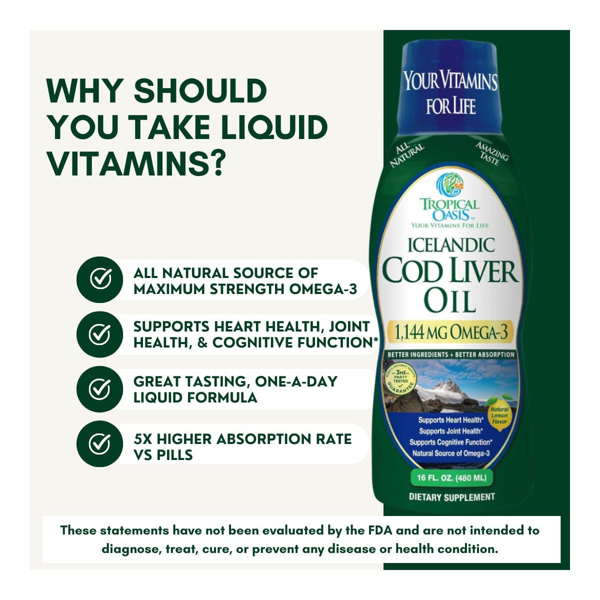 This image features Tropical Oasis Cod Liver Oil 1144mg Omega-3 Liquid Supplement (16oz.), emphasizing liquid vitamins joint and cognitive benefits, and a delicious taste with 5x absorption over pills. FDA disclaimer is included in the background.