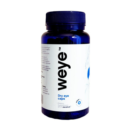 A blue bottle labeled Weye Dry Eye Vitamins sits on a pristine white background. The label emphasizes its a dietary supplement featuring Excelvit®, Omega-3, Lutein, Vitamin D3, and Zinc for hydration, tear support, and eye protection.