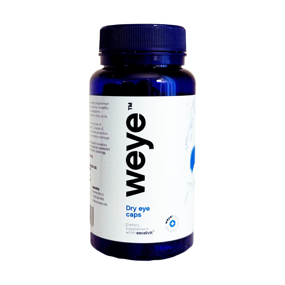 A blue bottle labeled Weye Dry Eye Vitamins sits on a pristine white background. The label emphasizes its a dietary supplement featuring Excelvit®, Omega-3, Lutein, Vitamin D3, and Zinc for hydration, tear support, and eye protection.