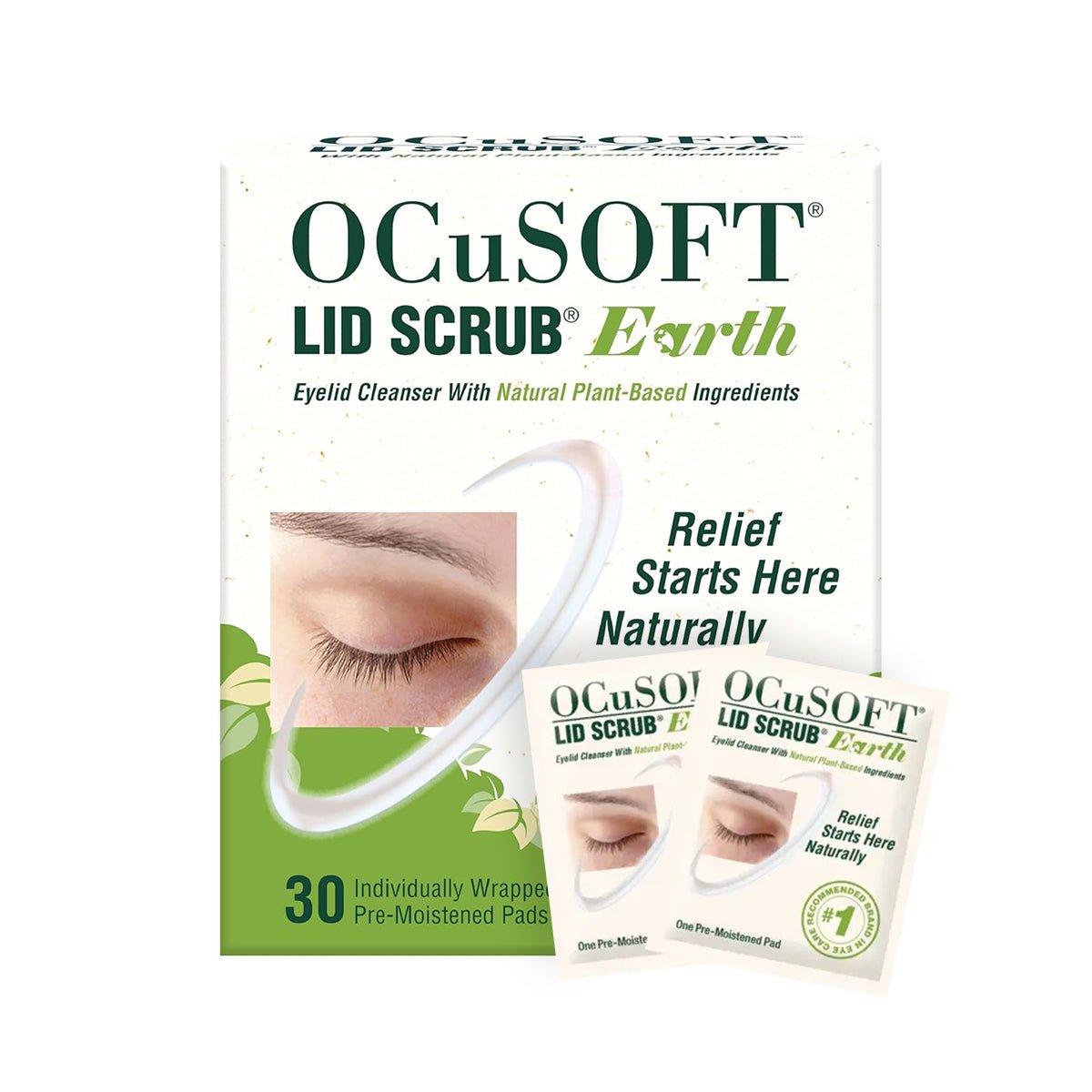 Image of OCuSOFT Lid Scrub Earth Eyelid Cleanser box, showcasing natural eyelid hygiene with plant-based ingredients. A closed eye is depicted alongside the text: Relief Starts Here Naturally, with two pre-moistened pads shown.