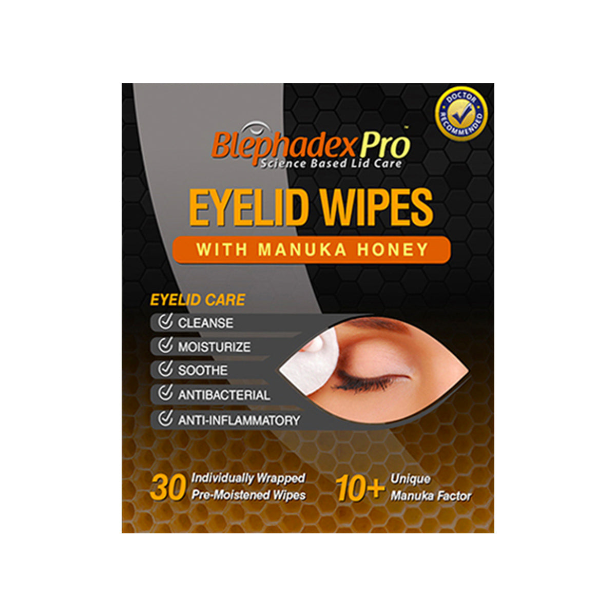 Experience the soothing benefits of Lunovus Blephadex Pro Eyelid Wipes with Manuka Honey and Tea Tree Oil. These wipes cleanse, moisturize, and provide antibacterial and anti-inflammatory properties. Each box includes 30 individually wrapped wipes boasting a 10+ unique Manuka factor.
