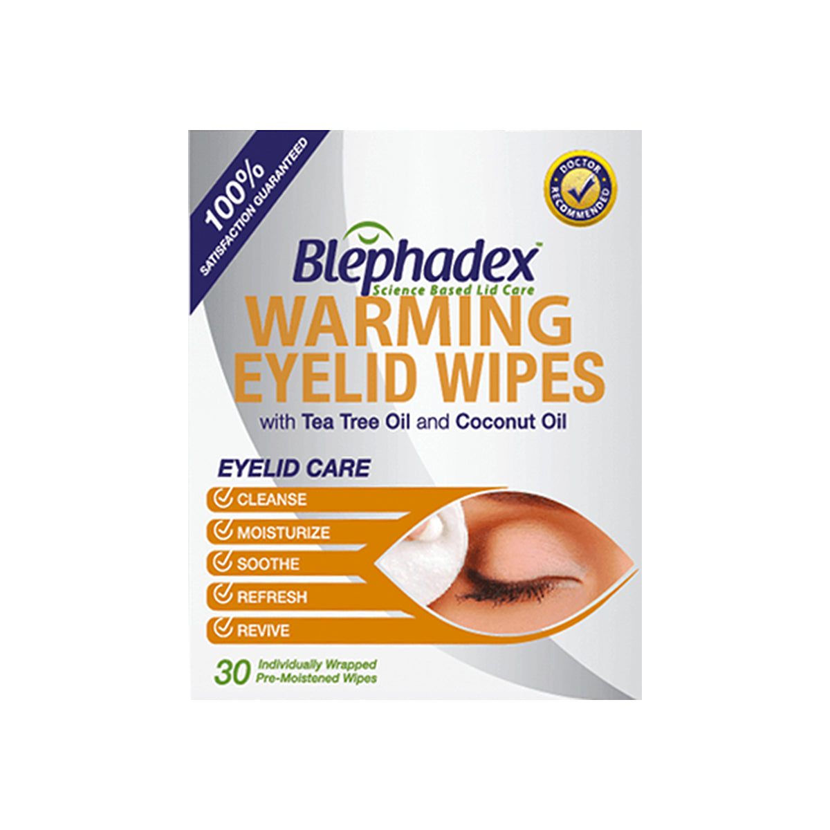 Experience superior eyelid hygiene with Lunovus Blephadex Warming Eyelid Wipes. Infused with tea tree and coconut oils, these wipes cleanse, moisturize, soothe, refresh, and revive. Each box includes 30 individually wrapped pre-moistened wipes for convenient care.