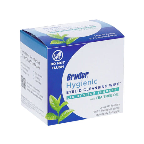 Bruder Hygienic Eyelid Cleansing Wipes with Tea Tree Oil (30ct) is ideal for ocular irritation relief. The blue and white box, featuring a Do Not Flush icon and green leaf graphics, contains 30 individually packaged pre-moistened wipes for lid hygiene therapy.