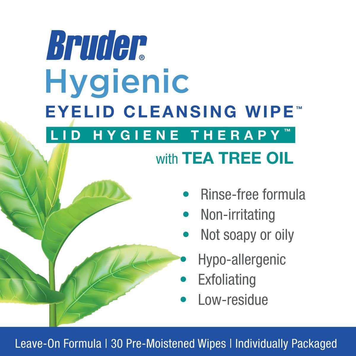 The Bruder Hygienic Eyelid Cleansing Wipes with Tea Tree Oil (30ct) feature rinse-free, non-irritating, hypo-allergenic, exfoliating, and low-residue benefits to help minimize ocular irritation. The packaging includes an image of green leaves.