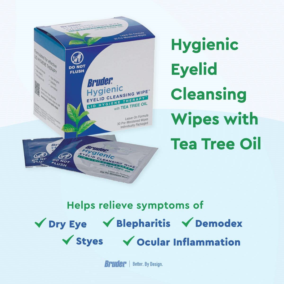 Bruder Hygienic Eyelid Cleansing Wipes with Tea Tree Oil (30ct) effectively soothe ocular irritation, relieving dry eye, blepharitis, demodex, styes, and ocular inflammation. Green check marks highlight the benefits.