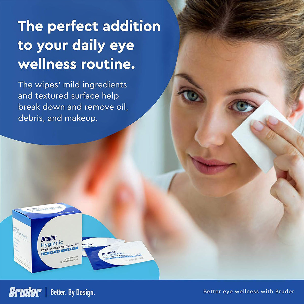 A woman uses a Bruder Hygienic Eyelid Cleansing Wipe on her eyelid while holding a mirror; the box of 30 pre-moistened wipes emphasizes their role in enhancing ocular health by removing oil, debris, and makeup in your wellness routine.