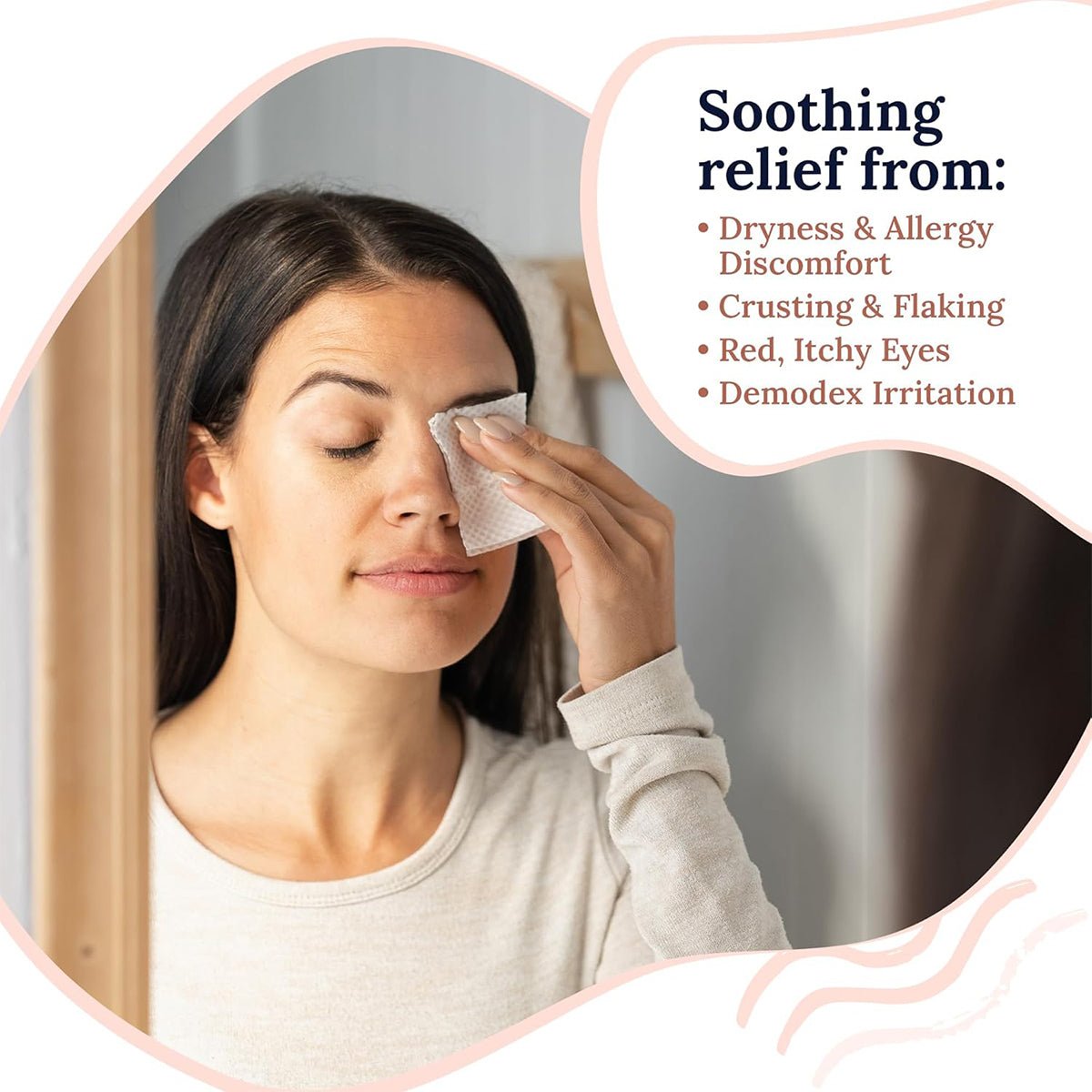 A woman with long dark hair gently wipes her closed right eye with a soft cloth. Text beside her reads: Soothing relief from dryness, allergy discomfort, crusting, flaking, red itchy eyes, demodex irritation with CorneaCare Wipes with Tea Tree Oil (30ct).