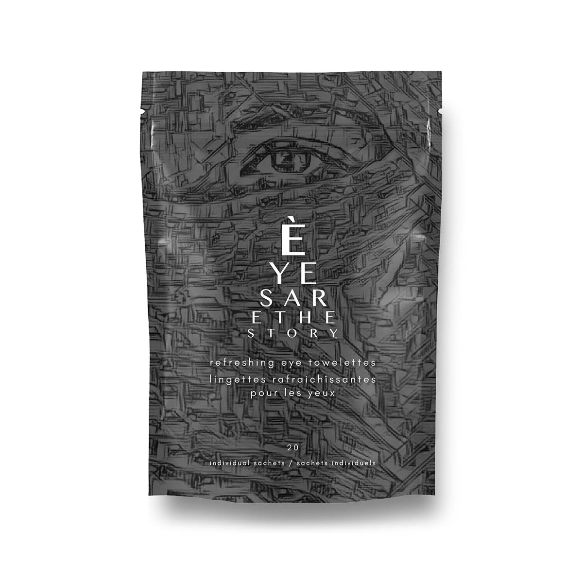 A black and white package with a face design, featuring Eyes are the Storys Refreshing Towelettes Wipes for Eyelid Hygiene (20ct), infused with soothing Calendula essence.