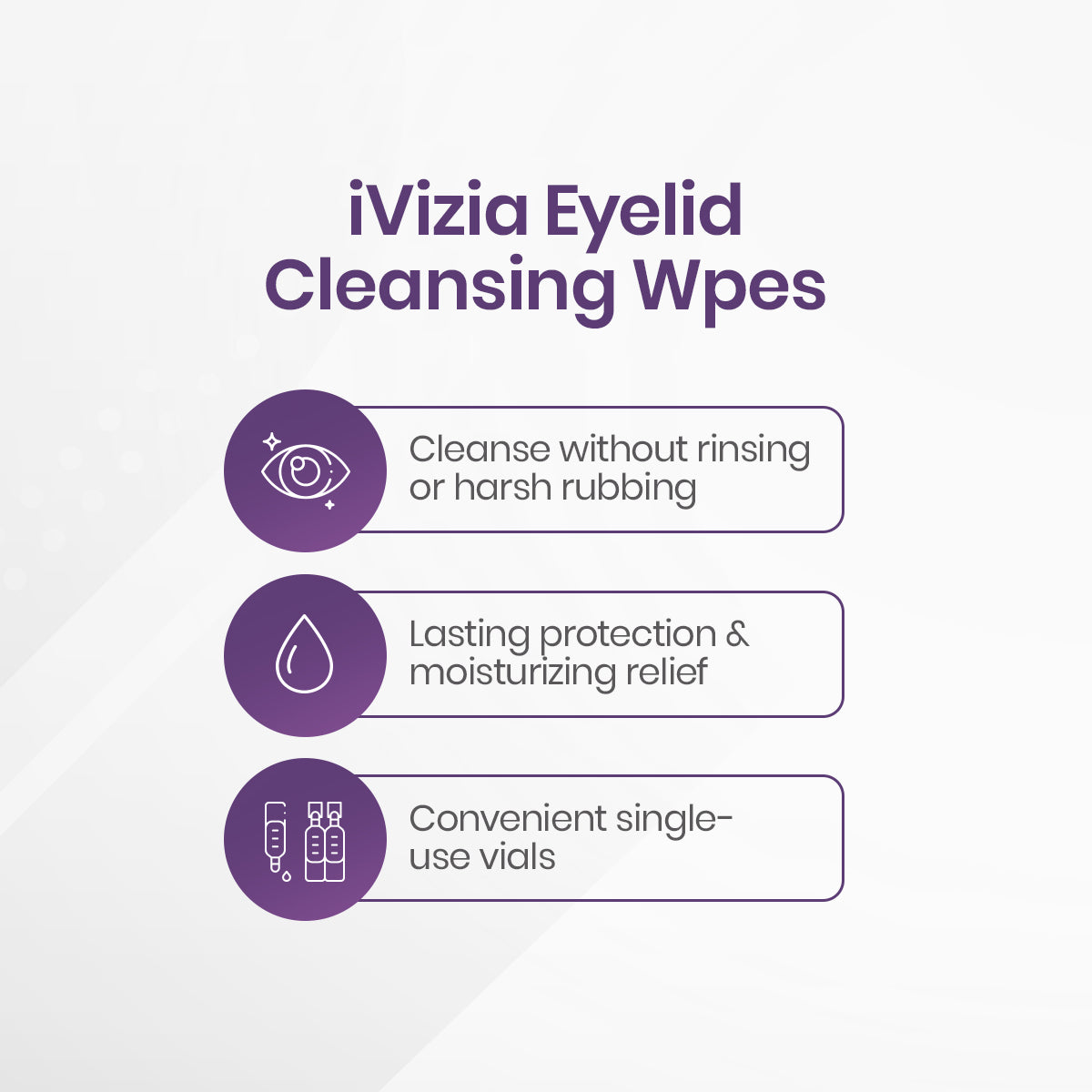 An iVIZIA Eyelid Cleansing Wipes graphic shows eye, drop, and vial icons. It promises Cleanse without rinsing, Lasting protection & moisturizing relief, and Convenient single-use vials. These preservative-free wipes by Thea are ideal for sensitive eyes and eyelid hygiene.