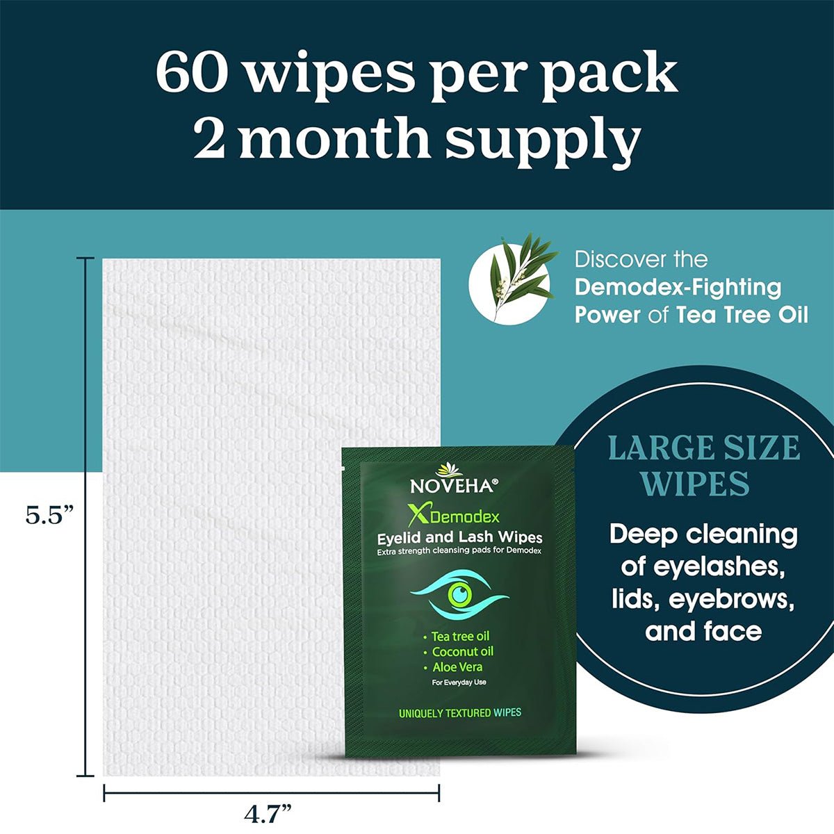 Beside the Noveha Anti-Demodex Eyelid & Lash Wipes (60ct), text highlights: 2-month supply, Demodex-Fighting Power of Tea Tree Oil, and Large Size Wipes for soothing eye irritations. Each wipe measures 5.5 x 4.7.
