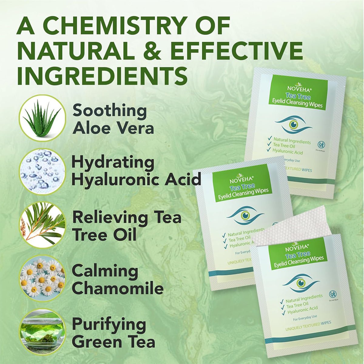 Advertisement for Novehas Tea Tree Oil Eyelid & Lash Wipes featuring a product image. These wipes, set against a green marble background, soothe dry, itchy eyes and improve ocular hygiene with Aloe Vera, Hyaluronic Acid, Tea Tree Oil, Chamomile, and Green Tea. Contains 60 pieces for blepharitis and styes.