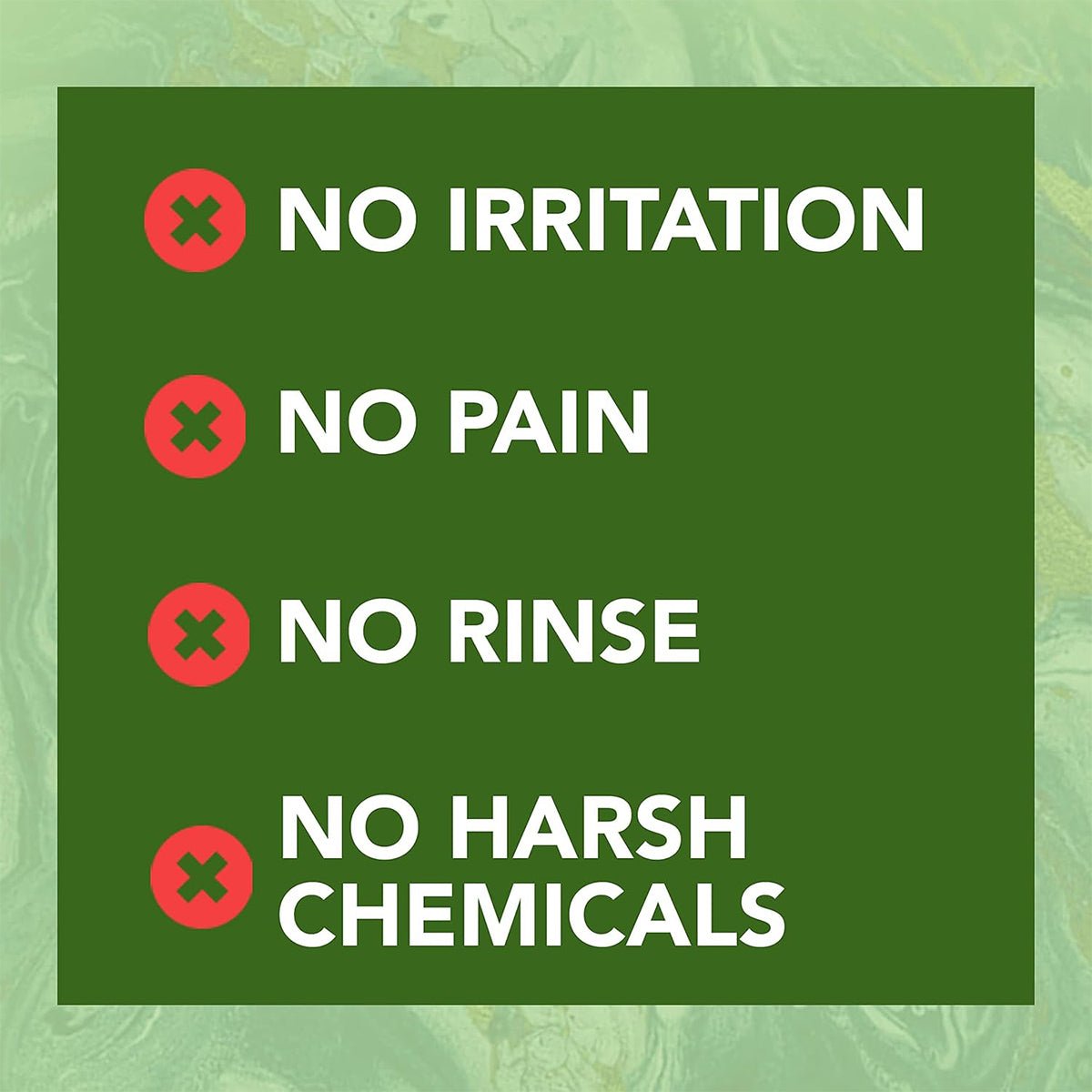 A green square graphic with red circles and white X marks reads: No irritation, no pain, no rinse, no harsh chemicals. Ideal for ocular hygiene and soothing dry eyes. The background has a marbled green pattern similar to Noveha Tea Tree Oil Eyelid & Lash Wipes with HA, Green Tea, & Chamomile.