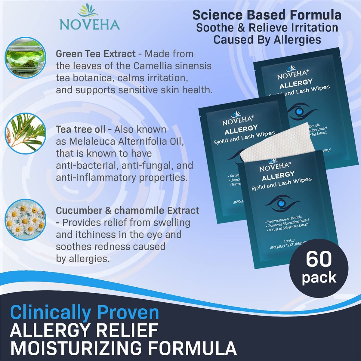 Image of Noveha Allergy Relief Eyelid Wipes with Tea Tree Oil (60ct) package. Benefits: green tea extract and tea tree oil for soothing allergies, plus cucumber & chamomile extracts to reduce swelling. These wipes offer natural, clinically proven moisturizing comfort. Brand: Noveha.