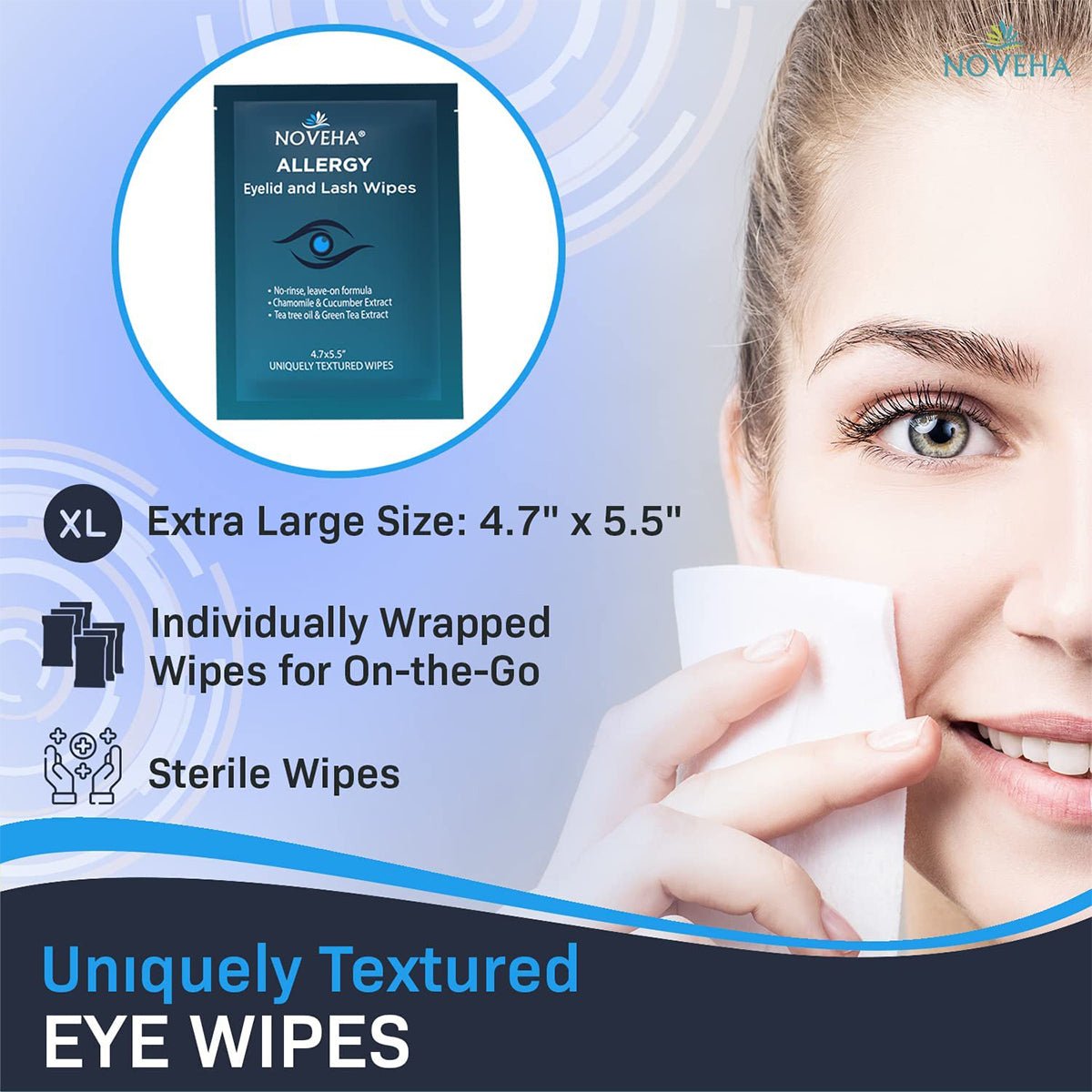 A person holds Noveha Allergy Relief Eyelid Wipes with Tea Tree Oil (60ct), ideal for soothing eyelid irritation. The packaging flaunts an Extra Large Size: 4.7 x 5.5, Individually Wrapped for On-the-Go, and features a natural formula with sterile wipes in a calming blue and gray design.