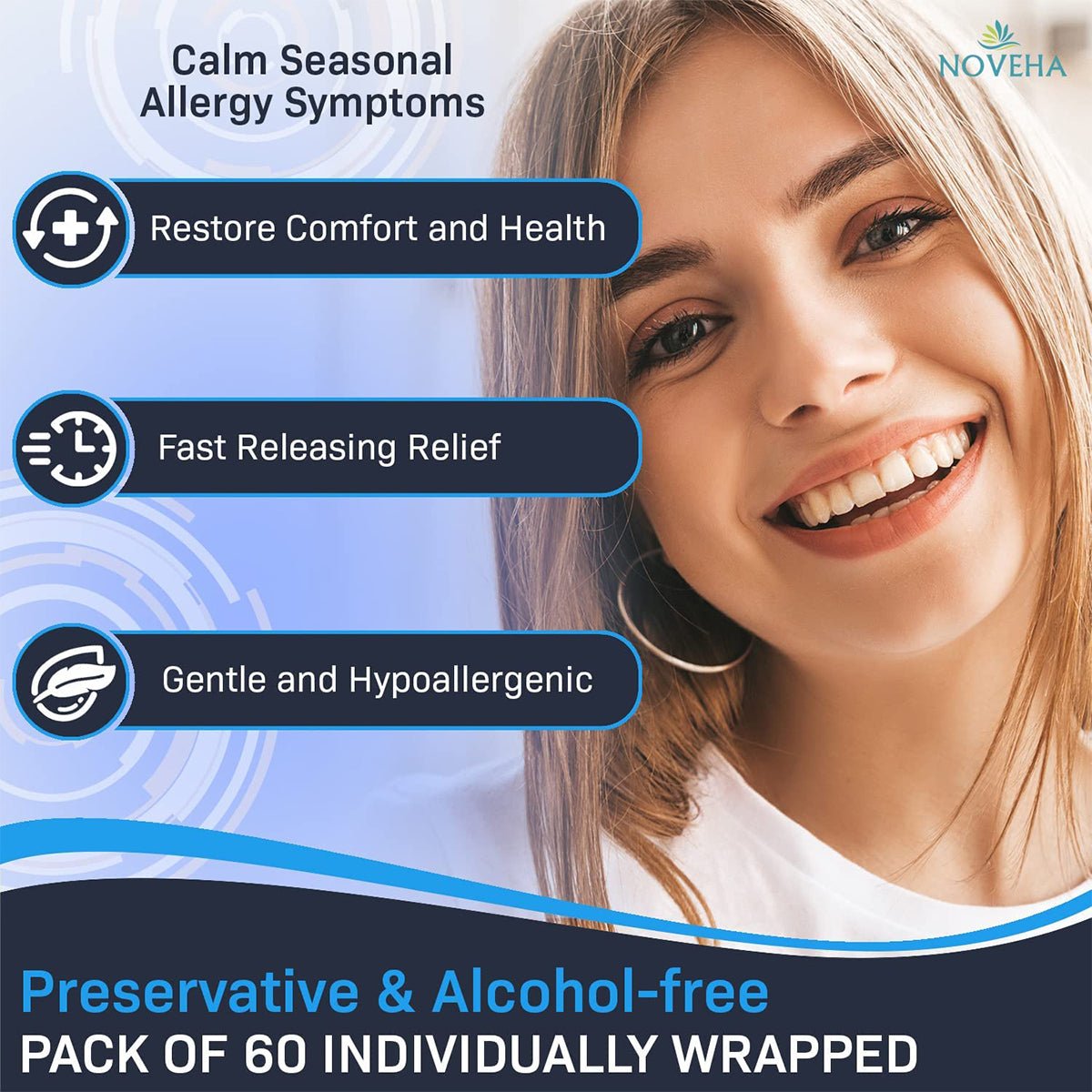 A smiling woman is shown with health-focused text boxes: Restore Comfort and Health, Fast Releasing Relief, and Gentle and Hypoallergenic. Below, it reads: Noveha Allergy Relief Eyelid Wipes with Tea Tree Oil, 60ct, natural formula by Noveha.