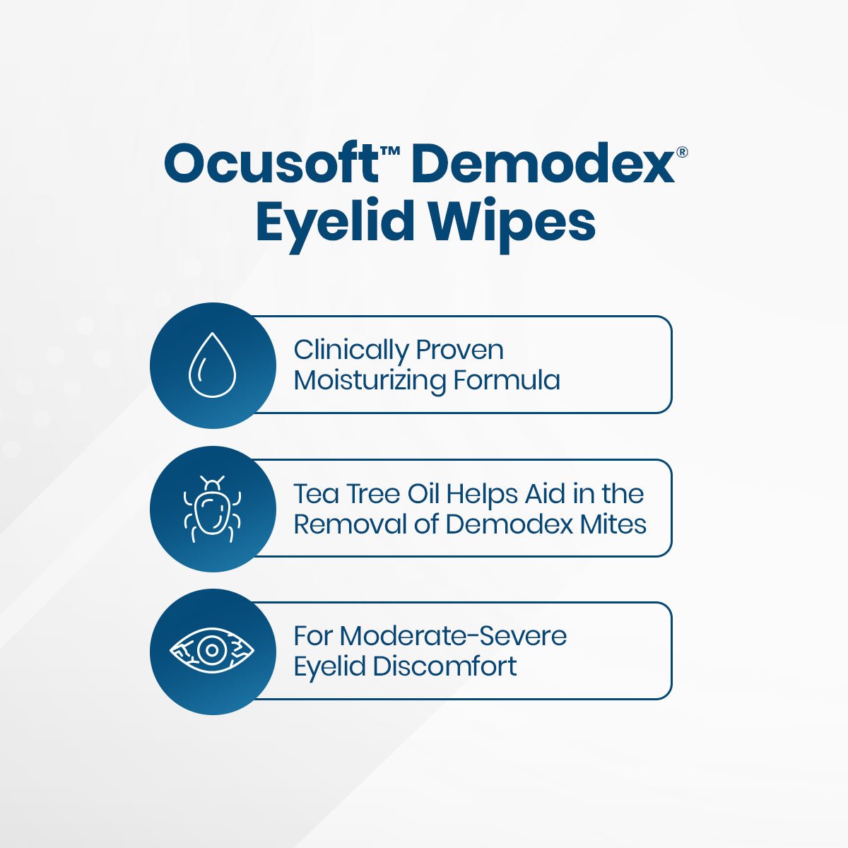 Text on a white background reads: OCuSOFT Oust Demodex Cleanser Pre-Moistened Pads (30ct). Three points are listed with icons: Clinically Proven Moisturizing Formula, Tea Tree Oil Helps Aid in the Removal of Demodex Mites, and Effective Eyelid Cleanser for Moderate-Severe Eyelid Discomfort.