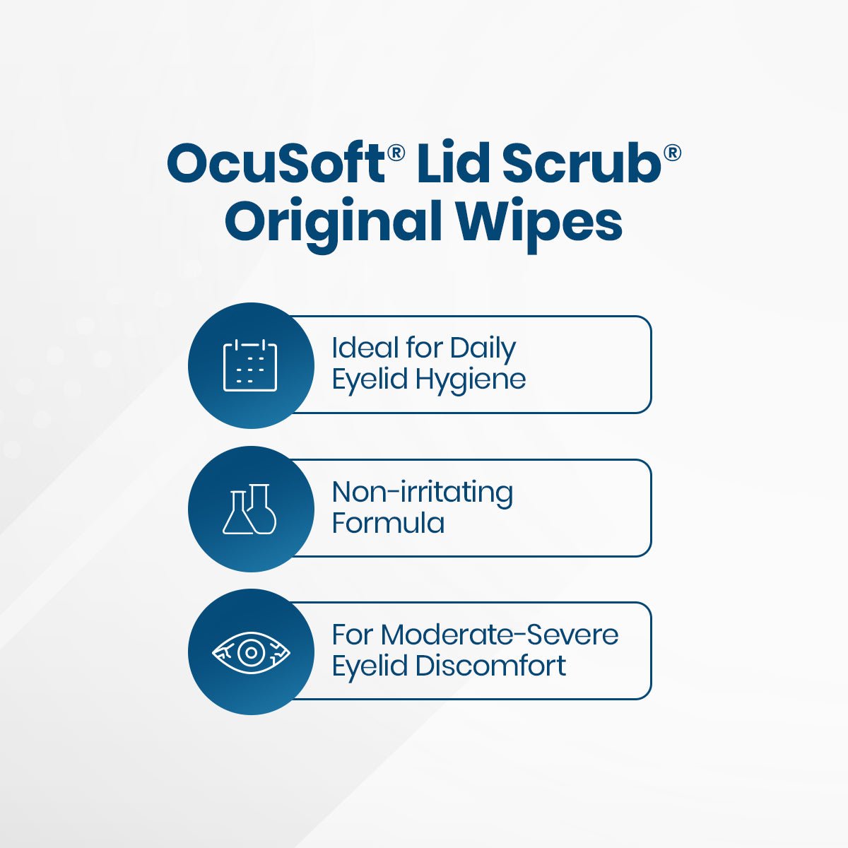 The graphic for Ocusoft Lid Scrub Original Wipes 30ct by OCuSOFT highlights three key points with icons: Ideal for Daily Eyelid Hygiene, Non-irritating Formula, and For Moderate-Severe Eyelid Discomfort, enhancing comfort for contact lens users.