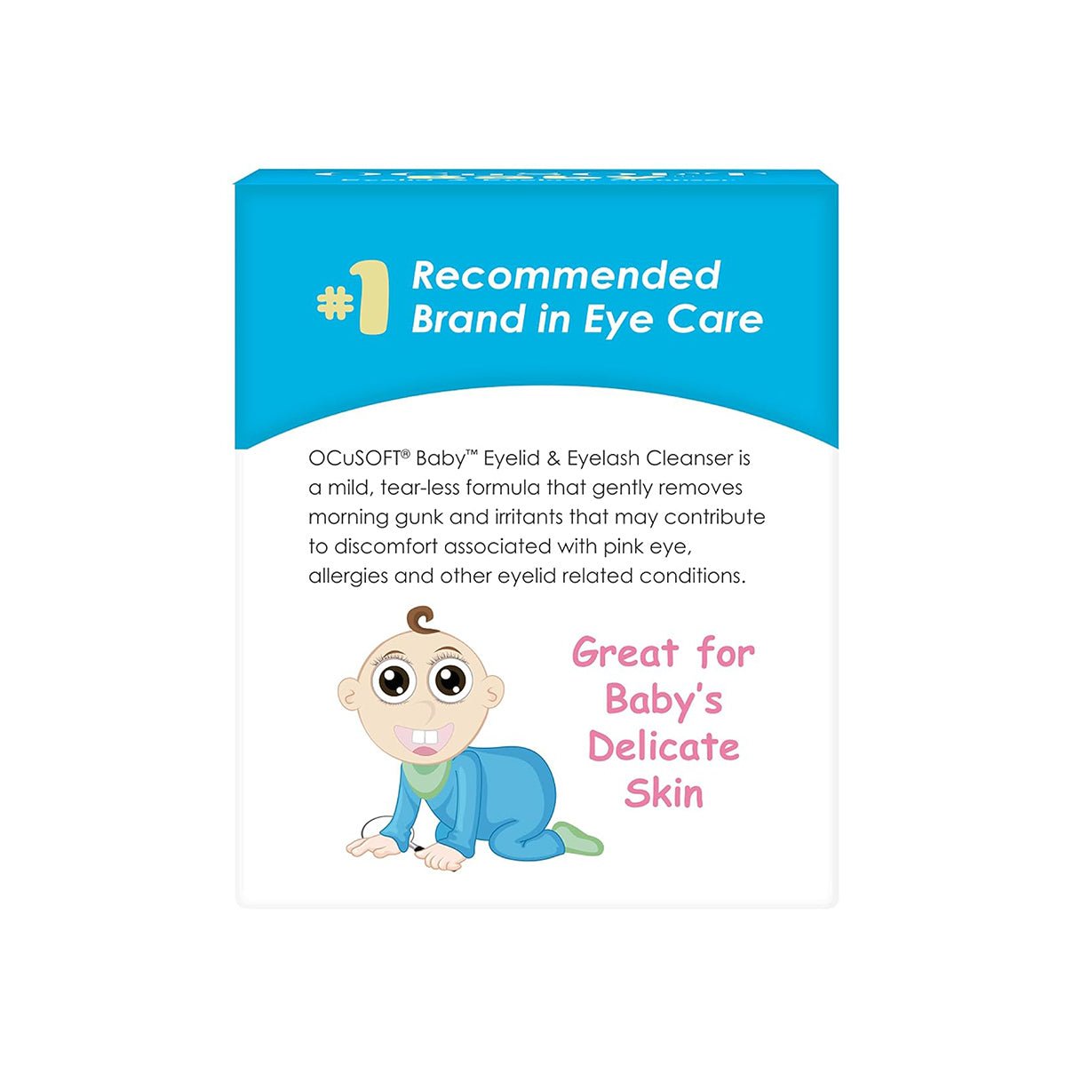The OCuSOFT Baby Eyelid & Eyelash Cleanser (20 Wipes) packaging features a cartoon baby and promotes itself as the #1 Recommended Brand in Eye Care. With a tear-less formula, its perfect for delicate skin. The predominantly blue and white box ensures gentle care for little ones.
