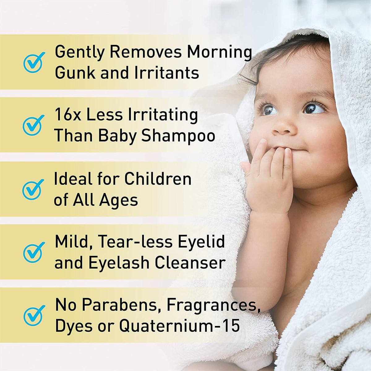 Beside a baby wrapped in a towel, text highlights the OCuSOFT Baby Eyelid & Eyelash Cleanser benefits: it gently removes morning gunk and irritants, is 16x less irritating than baby shampoo with a tear-free formula, and contains no parabens, fragrances, dyes, or quaternium-15. Suitable for all ages.