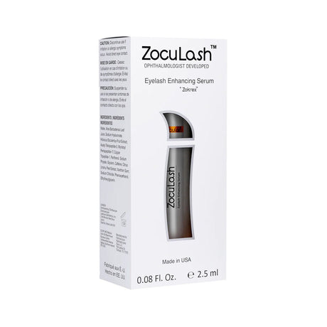 A 2.5mL box of Zoculars ZocuLash Eyelash Enhancing Serum, featuring a tripeptide lash complex, is displayed with mostly white packaging and black text promoting lash health.