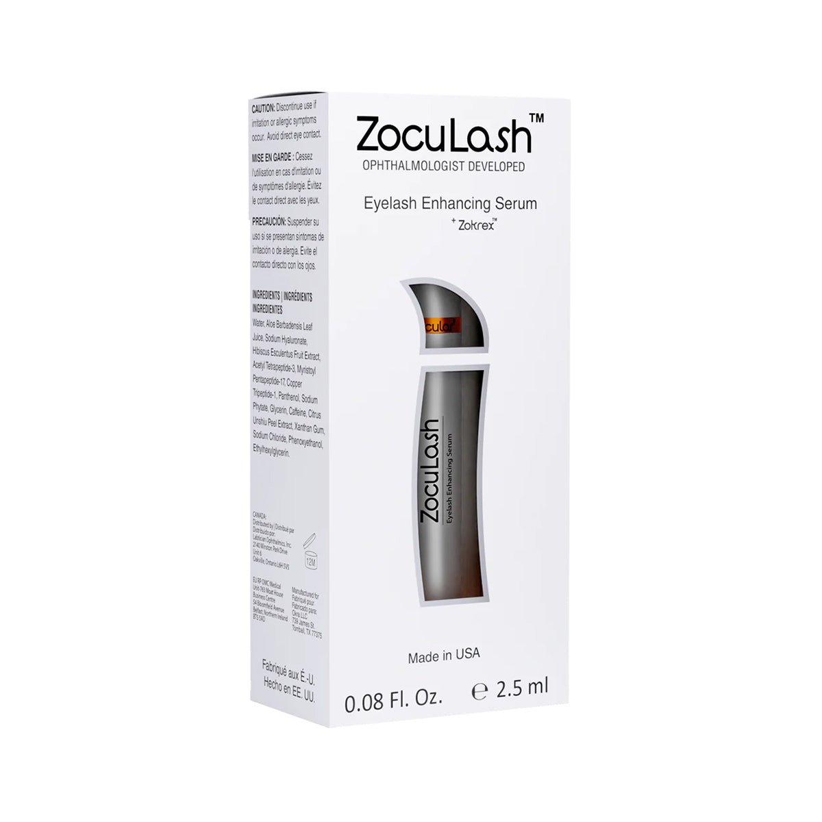 A 2.5mL box of Zoculars ZocuLash Eyelash Enhancing Serum, featuring a tripeptide lash complex, is displayed with mostly white packaging and black text promoting lash health.