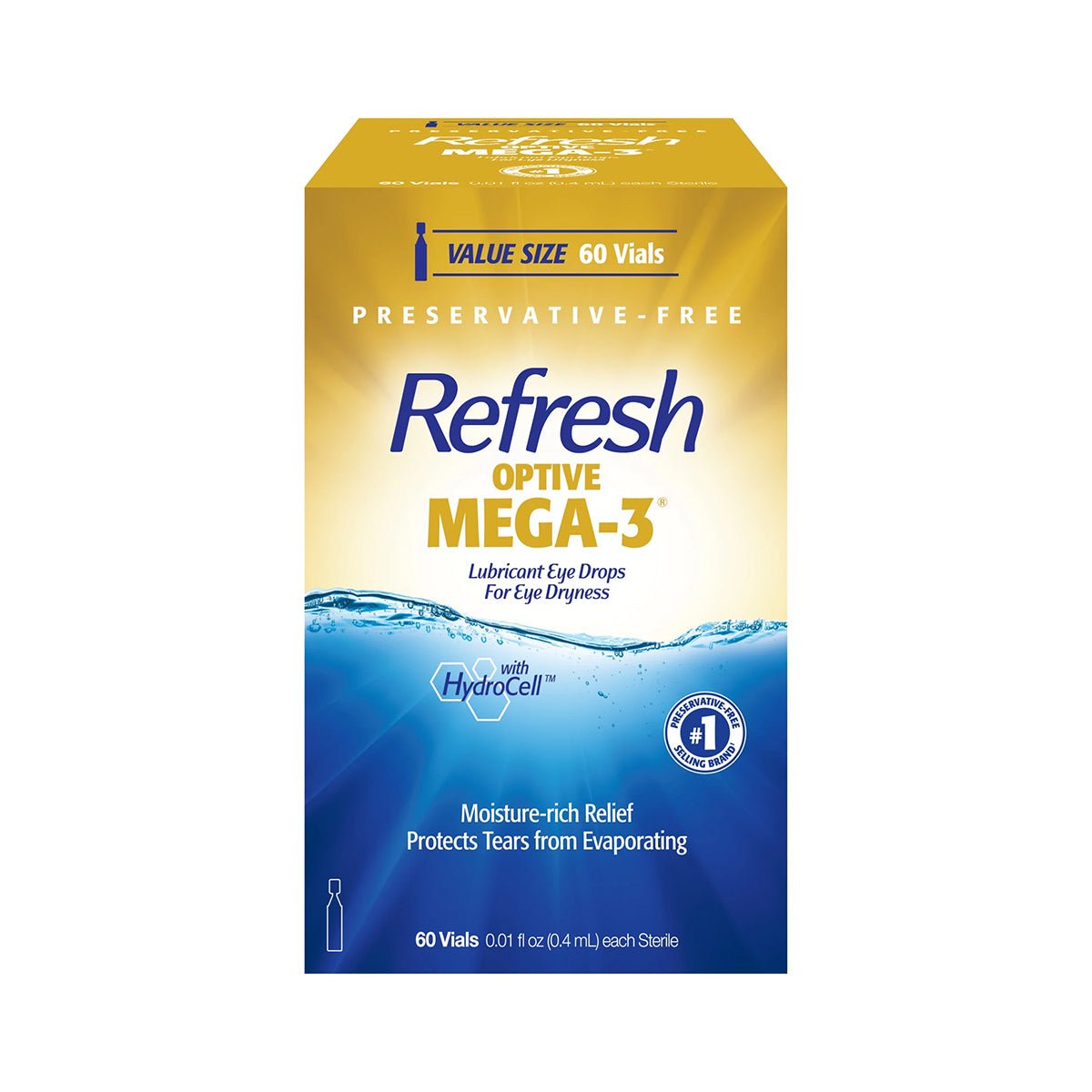 Image of a yellow and blue box of Abbvies Refresh Optive Mega-3® Preservative-Free Lubricant Eye Drops, featuring lipid-enhanced formula for dry eye relief. Contains 60 preservative-free 0.4mL vials to preserve moisture and protect tears for a rich experience.
