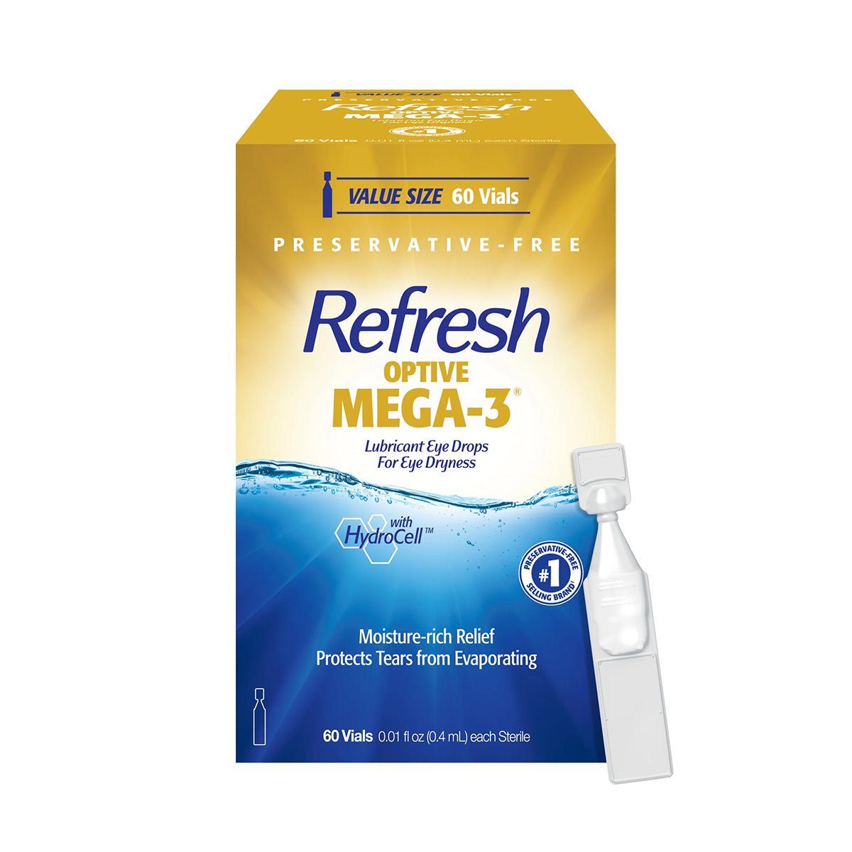The yellow and blue box of Abbvies Refresh Optive Mega-3® features 60 preservative-free, lipid-enhanced vials for dry eyes. It boasts Moisture-rich Relief and Protects Tears from Evaporating with HydroCell technology, along with a pictured vial.