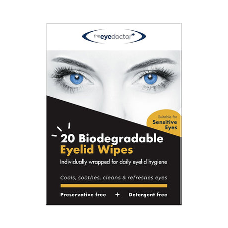 The Eye Doctors Biodegradable Eyelid Wipes for Eyelid Cleaning 20ct offers daily hygiene for sensitive eyes. A monochrome eye image accompanies claims to cool, soothe, clean, and refresh. They are preservative and detergent free.