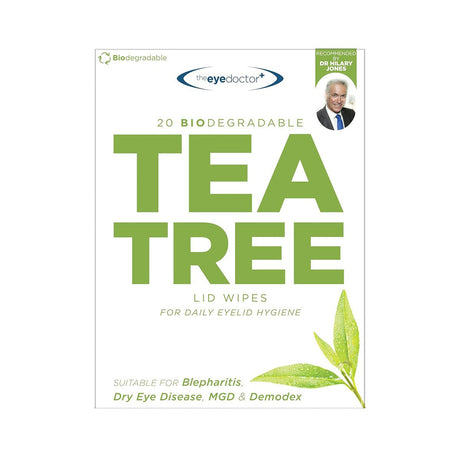 Introducing The Eye Doctor Tea Tree Oil Lid Wipes for daily hygiene! This eco-friendly pack includes 20 biodegradable wipes, ideal for blepharitis, Dry Eye Disease, MGD, and demodex. Endorsed by Dr. Hilary Jones and featuring green leaves and eco-conscious icons.
