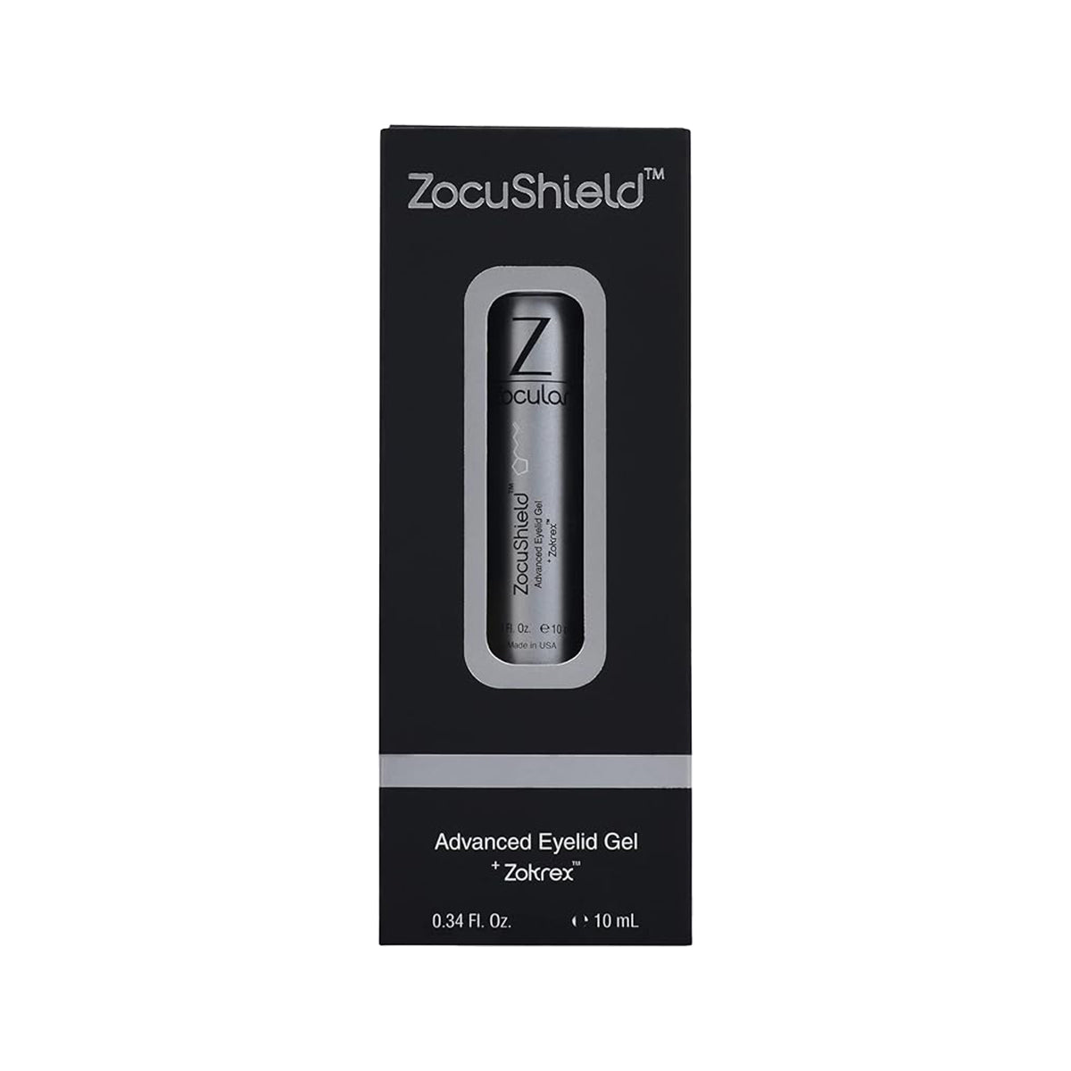 Box with a tube of ZocuShield Gel Eyelid Cleanser by Zocular (100+ applications, 0.34 fl oz). Contains an okra-based rejuvenating complex. The box is mainly black and has a clear window displaying the product within.