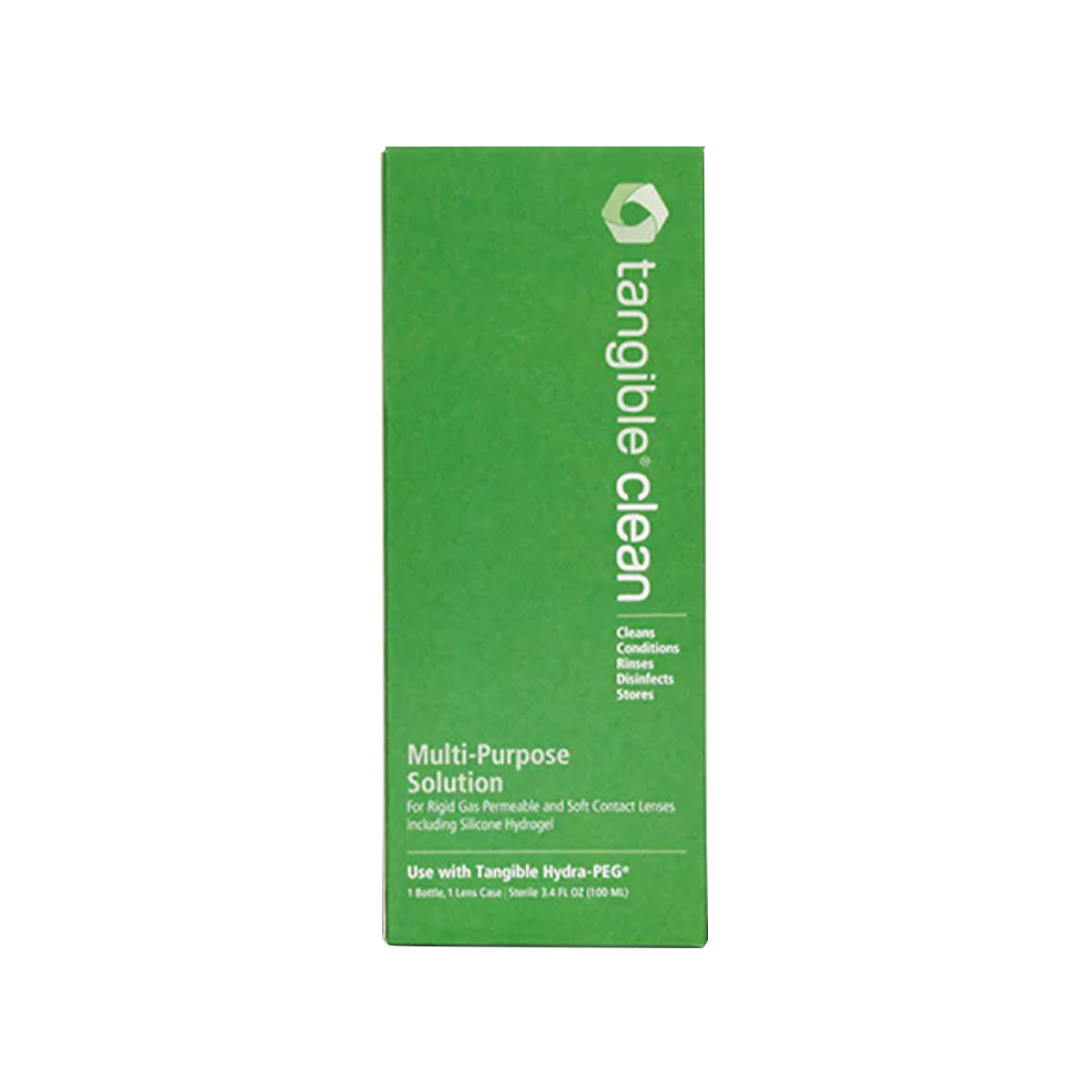 The green rectangular box of Tangible Clean Multi-Purpose Solution by Tangible efficiently cleans, conditions, and disinfects RGP, scleral, and soft contact lenses. It includes a bottle and lens case and is Hydra-PEG compatible for optimal lens care.