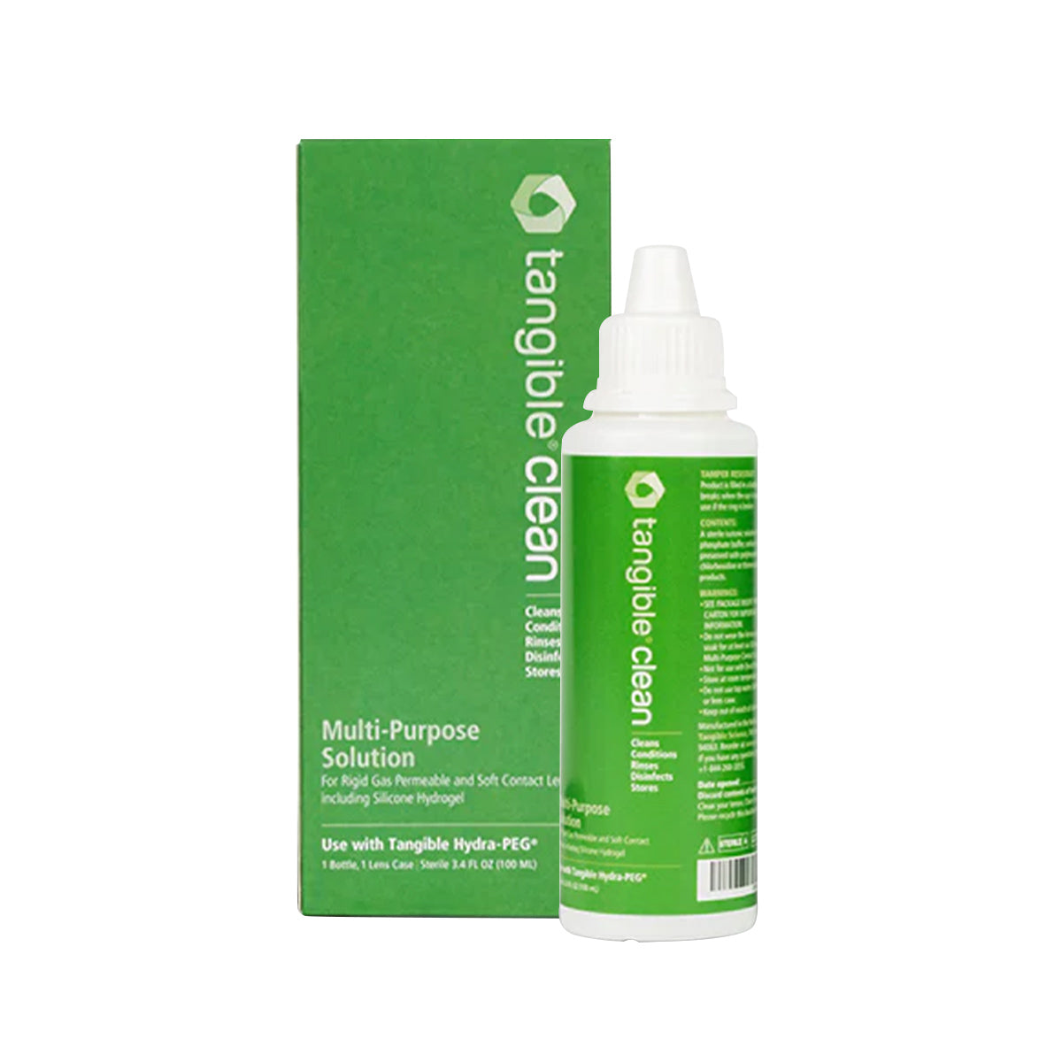 A bottle of Tangible Clean lens solution, suitable for RGP, scleral, and soft lenses, is placed in front of its green box. Both items feature white text showcasing its Hydra-PEG compatible formula.