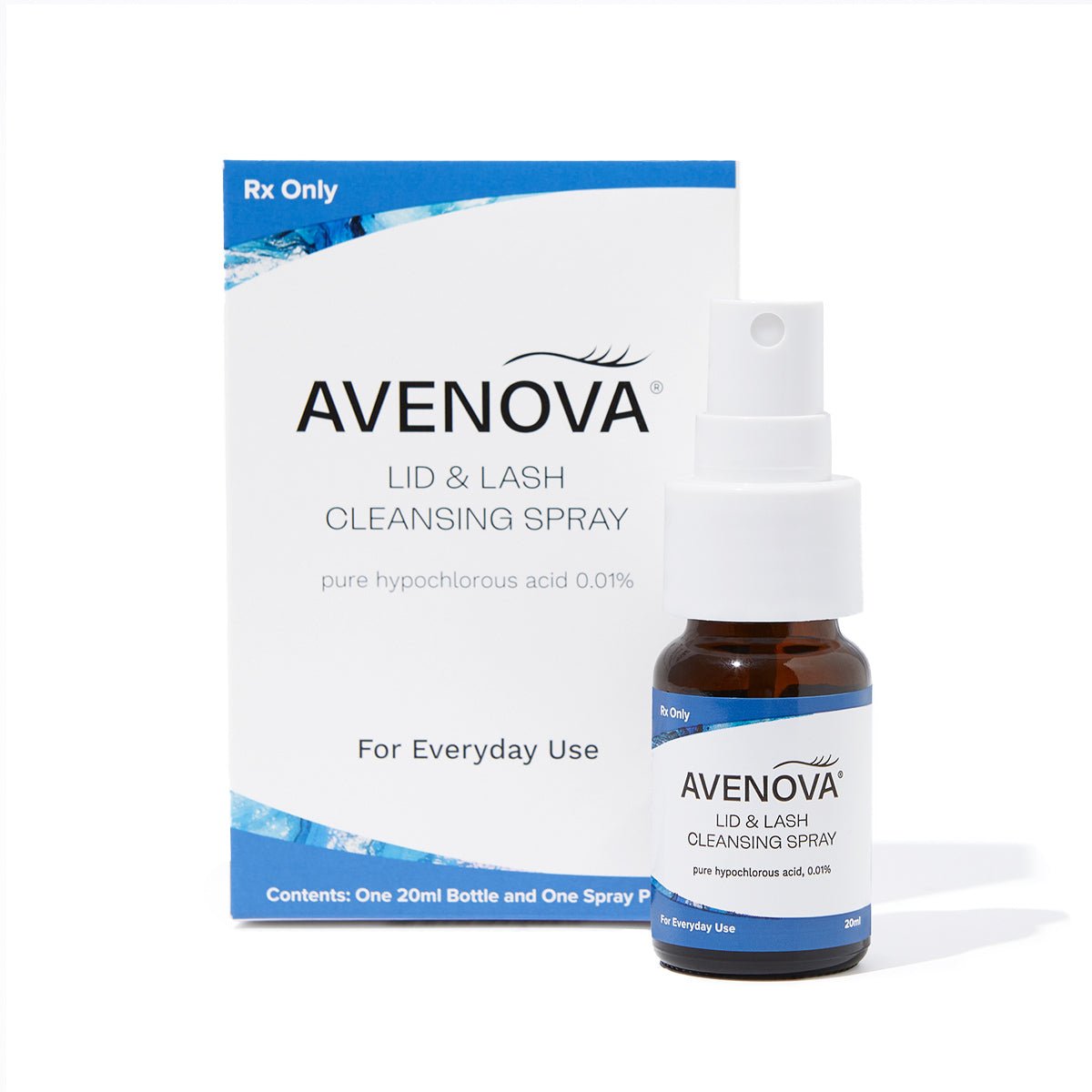 Image of the Avenova Complete Kit by NovaBay showing a brown spray bottle and blue-white packaging, highlighting it as an eyelid cleanser with 0.01% pure hypochlorous acid, includes Nova Wipes and two lubricant bottles for daily use.