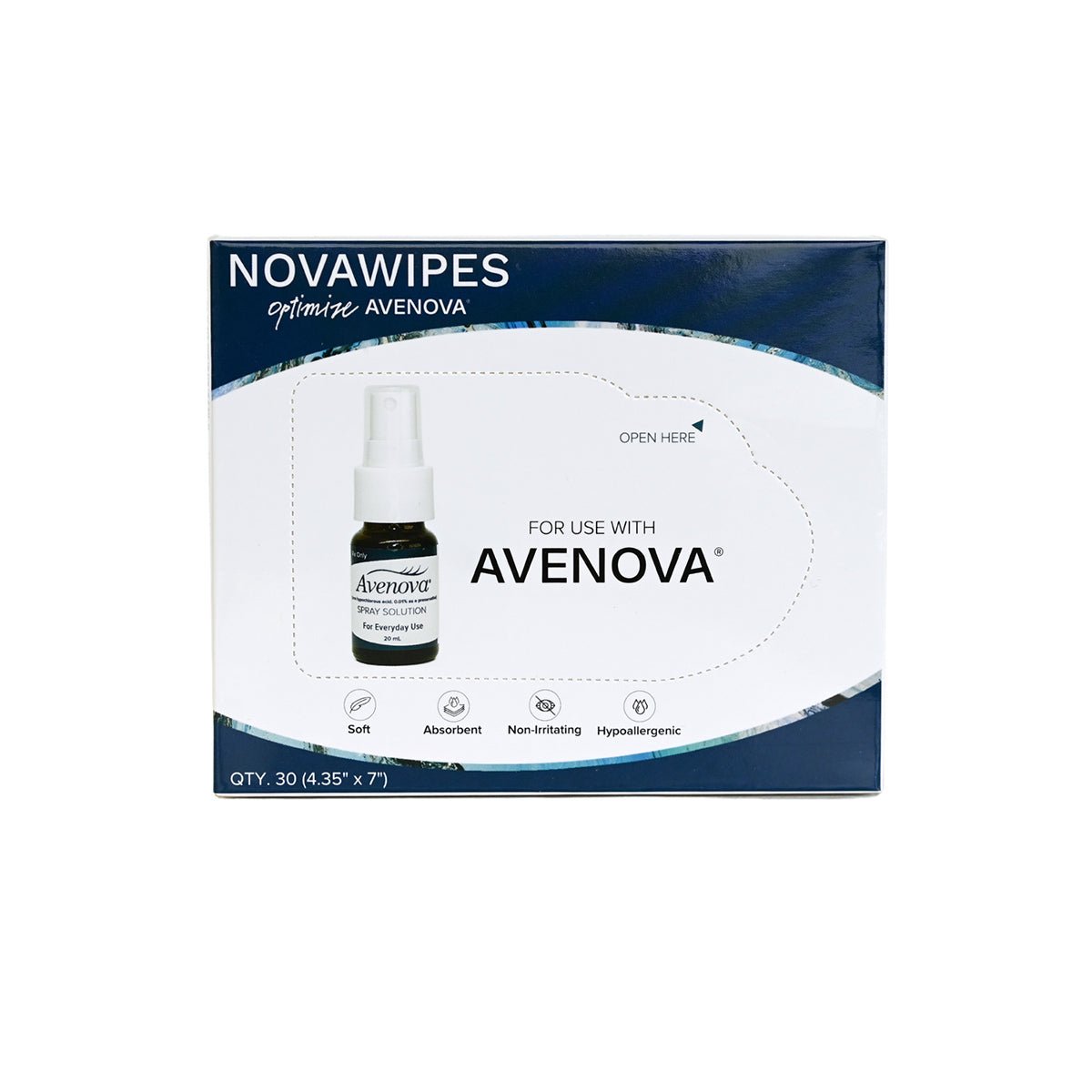 The Avenova Complete Kit by NovaBay, featuring hypochlorous spray and Nova Wipes, showcases 30 soft, absorbent wipes (4.35 x 7 in). Emphasized as non-irritating and hypoallergenic for effective eyelid cleansing, it includes two bottles of lubricants.