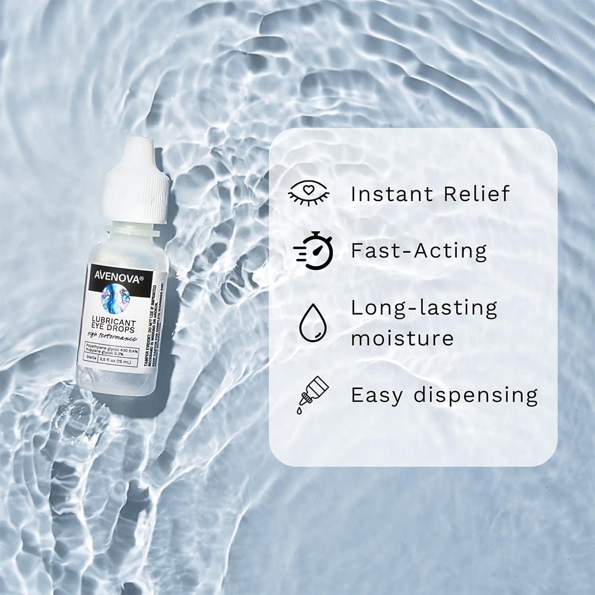 The NovaBay Avenova Complete Kit, featuring hypochlorous spray with Nova Wipes and two lubricant bottles, offers instant relief and long-lasting moisture. Icons for eyes, speed, water, and a dropper emphasize benefits like fast action and easy dispensing.