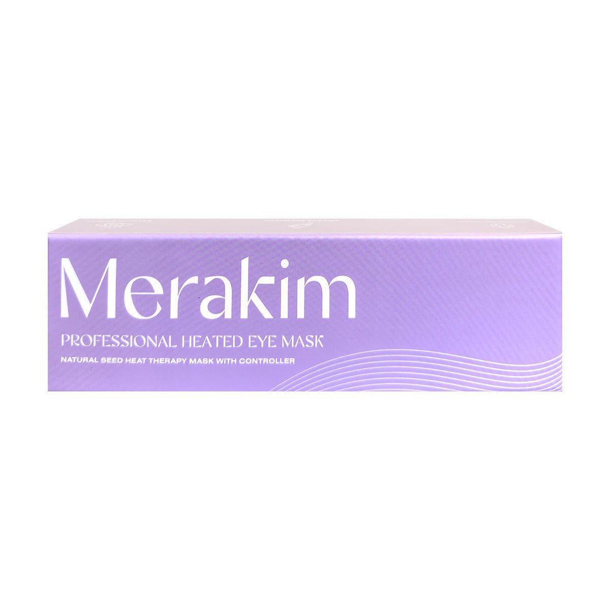 A purple rectangular box for the Merakim Professional USB Heat Eye Mask displays Natural Seed Heat Therapy Mask with Controller. Decorated with wavy white lines, it enhances tear film stability using lid heat and massage to relieve dry eyes and fatigue.