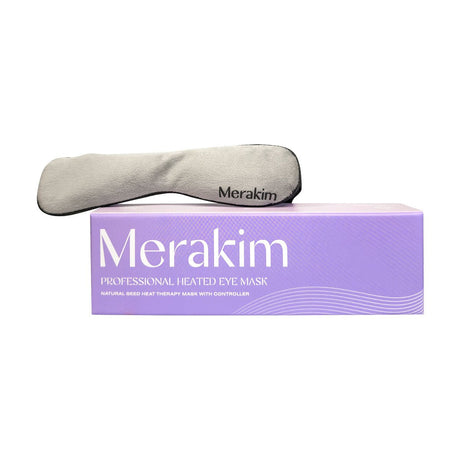 A pastel purple box with white text showcases the Merakim Professional USB Heat Eye Mask. The gray mask features the brand name and offers adjustable warm compresses for dry eyes, fatigue relief, and tear film support through soothing lid heat and massage.