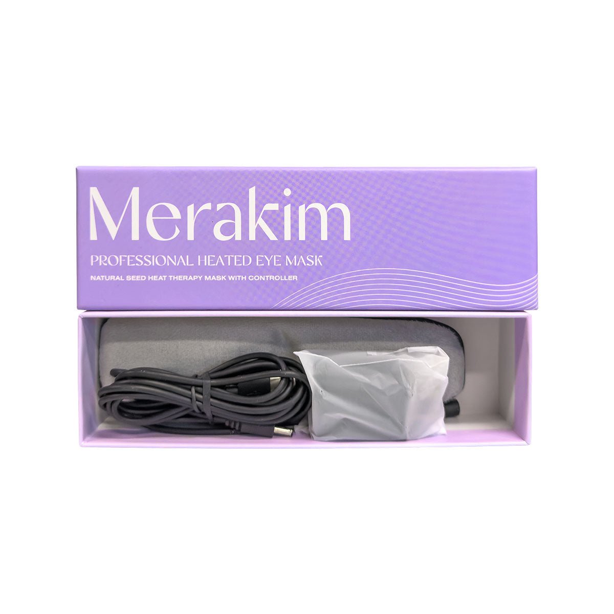 The purple Merakim Professional USB Heat Eye Mask box showcases the NATURAL BEED HEAT THERAPY MASK WITH CONTROLLER. Inside, the heat eye mask and black cord are arranged for lid heat and massage to support optimal tear film stability.