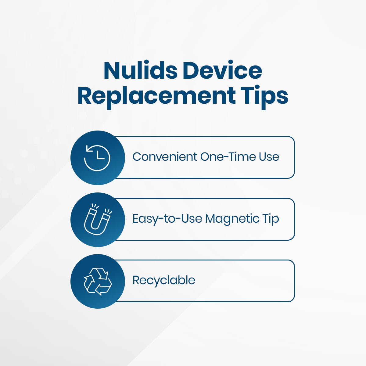 Image featuring NuLids Replacement Tips by NuSight Medical, emphasizing: Convenient One-Time Use with a clock icon, Easy-to-Use Magnetic Tip with a magnet icon, and Recyclable with a recycling icon—vital for dry eye relief and Meibomian Gland Dysfunction management.