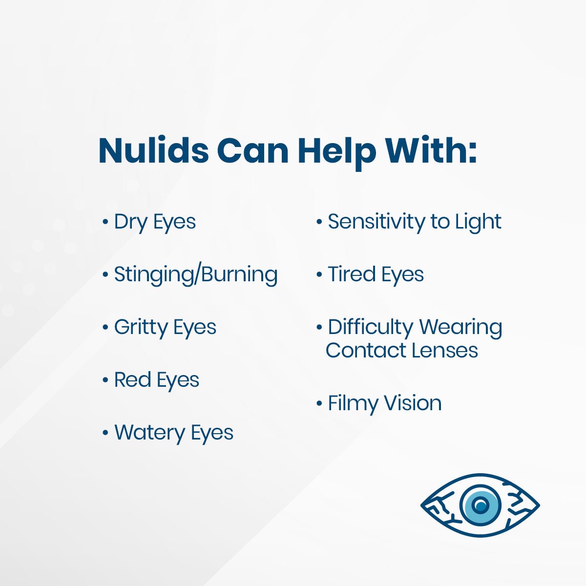 A NuSight Medical graphic titled Nulids Can Help With: lists symptoms like dry eyes, Meibomian Gland Dysfunction, stinging/burning, gritty eyes. Featuring an eye icon, it emphasizes the NuLids Replacement Tips (30/60/180/360) as a solution for effective dry eye relief and increased comfort.